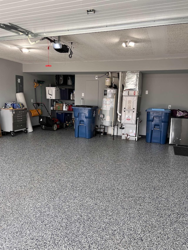 garage with electric panel, gas water heater, a garage door opener, and heating unit