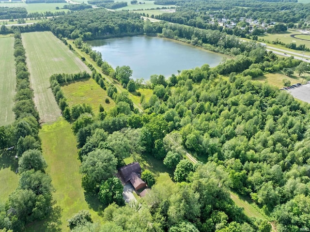 bird's eye view featuring a water view and a rural view