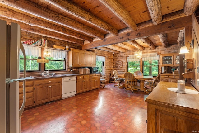 kitchen with wood ceiling, white dishwasher, sink, log walls, and fridge