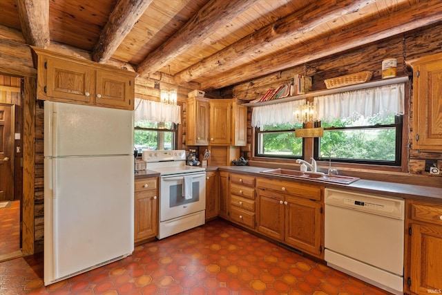 kitchen featuring sink, beamed ceiling, wooden ceiling, and white appliances