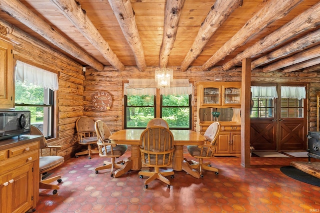 dining area featuring rustic walls, beamed ceiling, wooden ceiling, and a wood stove