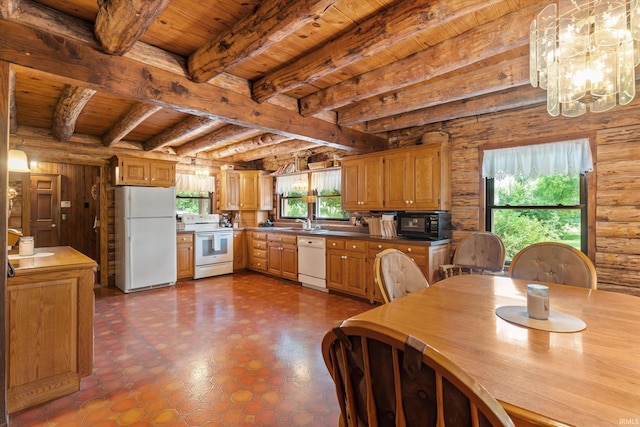 kitchen with plenty of natural light, white appliances, log walls, and wooden ceiling