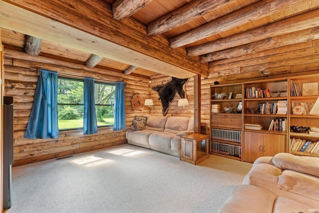 living room with beam ceiling, light colored carpet, wood ceiling, and log walls