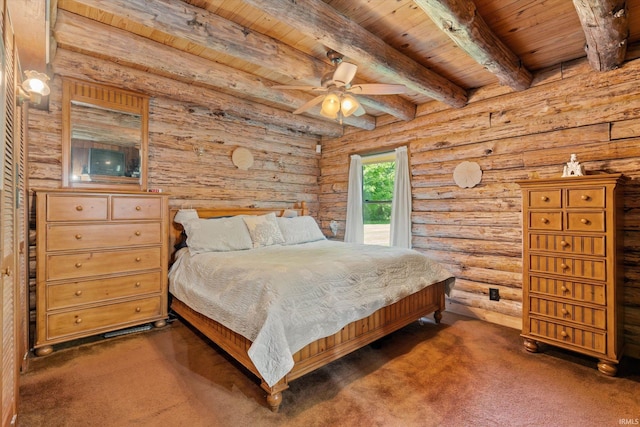 bedroom featuring ceiling fan, log walls, wooden ceiling, beamed ceiling, and dark carpet