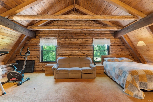 bedroom with wooden ceiling, carpet, and lofted ceiling with beams