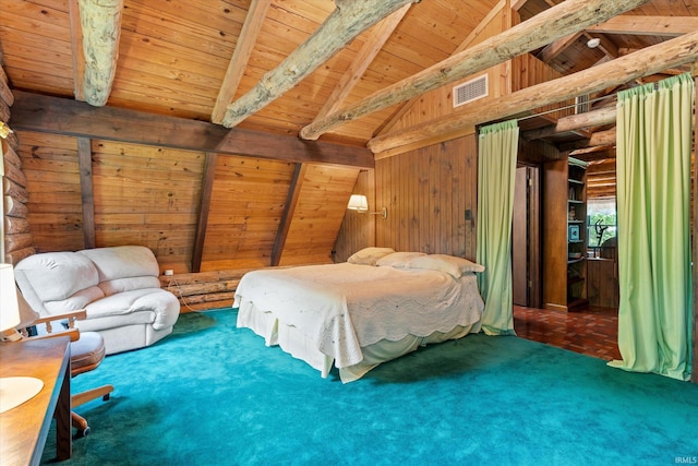 unfurnished bedroom featuring log walls, wooden ceiling, vaulted ceiling with beams, wooden walls, and dark carpet