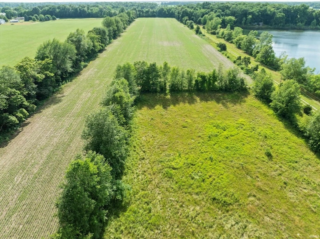 drone / aerial view with a water view and a rural view