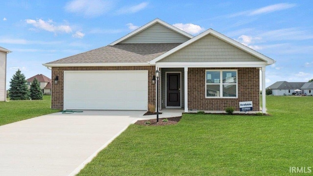 ranch-style home with a shingled roof, concrete driveway, an attached garage, a front lawn, and brick siding