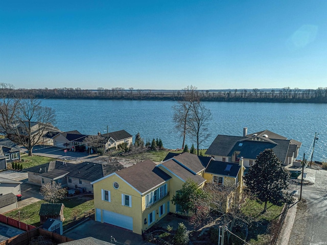 drone / aerial view featuring a water view