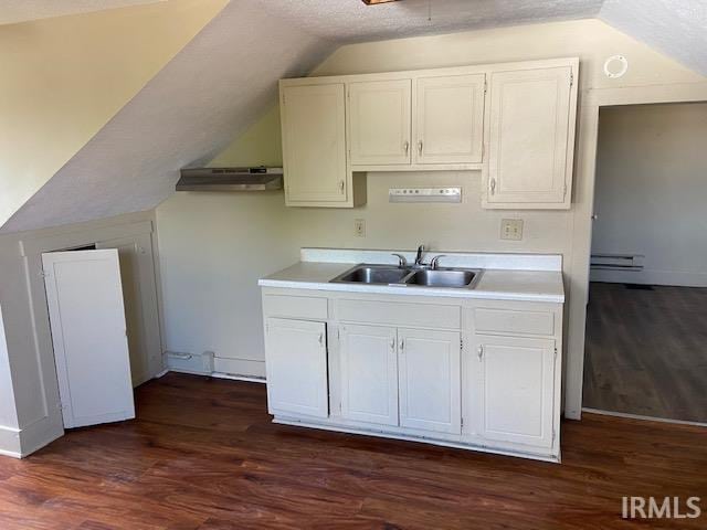 kitchen featuring sink, dark hardwood / wood-style flooring, ventilation hood, a textured ceiling, and white cabinets