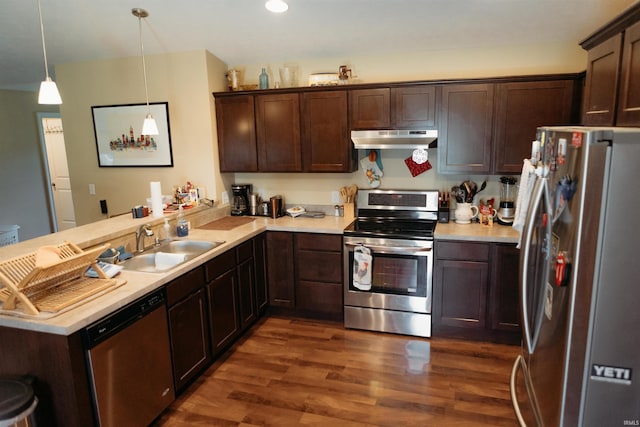 kitchen with sink, appliances with stainless steel finishes, dark brown cabinetry, dark hardwood / wood-style flooring, and decorative light fixtures