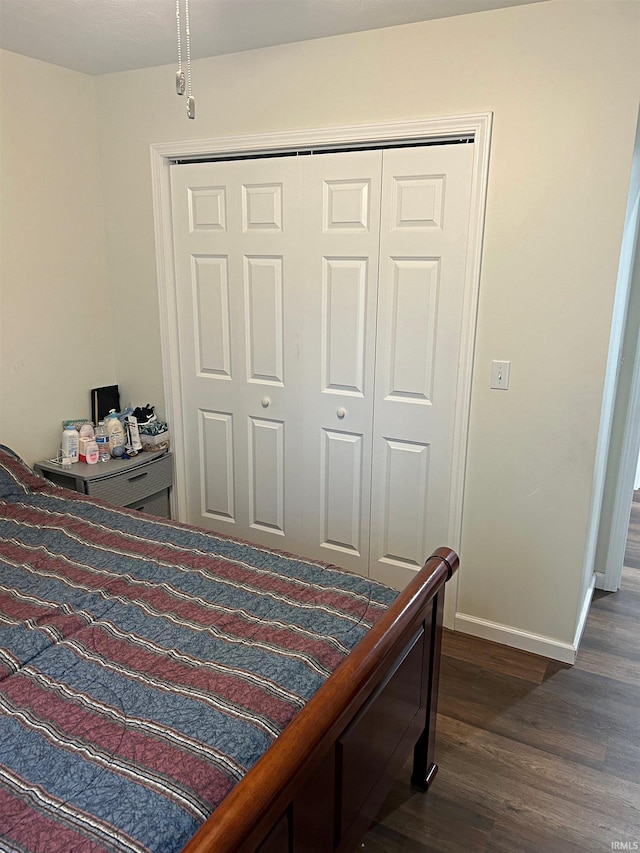 bedroom featuring dark wood-type flooring and a closet