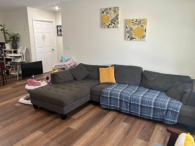 living room with dark hardwood / wood-style flooring and a textured ceiling