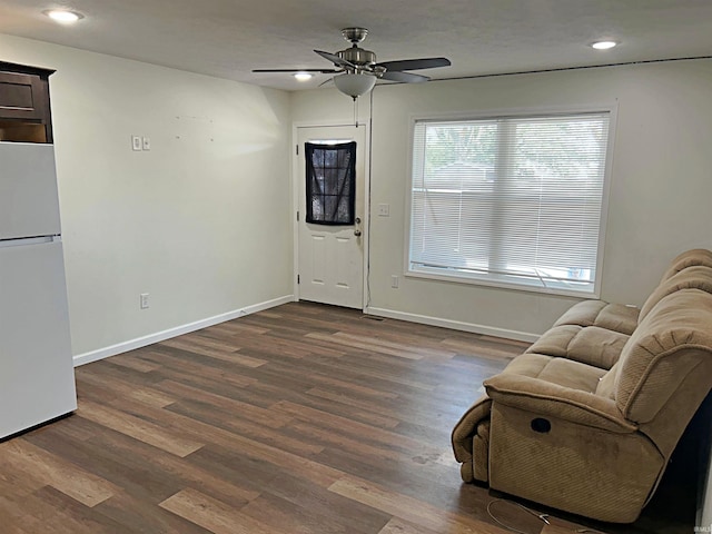 living area featuring ceiling fan and dark wood-type flooring