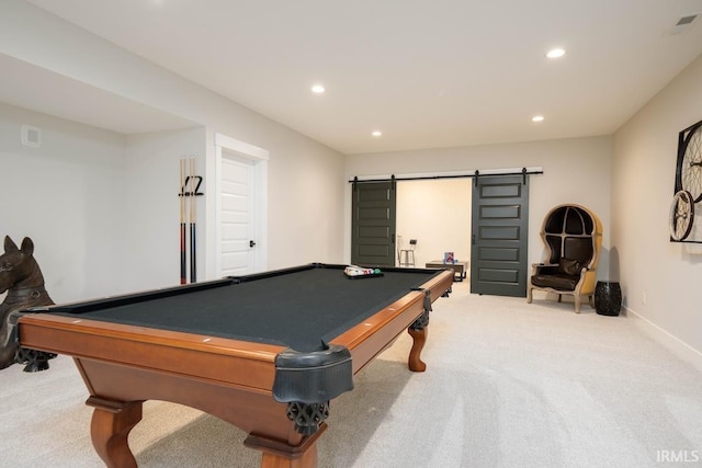 playroom featuring light colored carpet and pool table