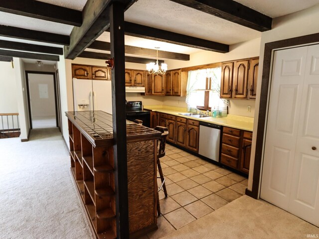 kitchen with white refrigerator with ice dispenser, dishwasher, black electric range, light colored carpet, and beam ceiling