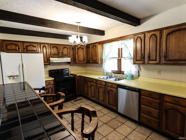 kitchen with stainless steel dishwasher, pendant lighting, sink, black / electric stove, and white fridge with ice dispenser