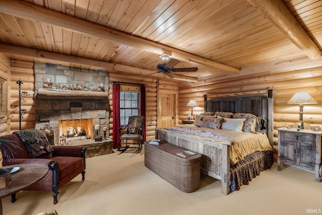 bedroom featuring a fireplace, carpet flooring, wood ceiling, beam ceiling, and rustic walls