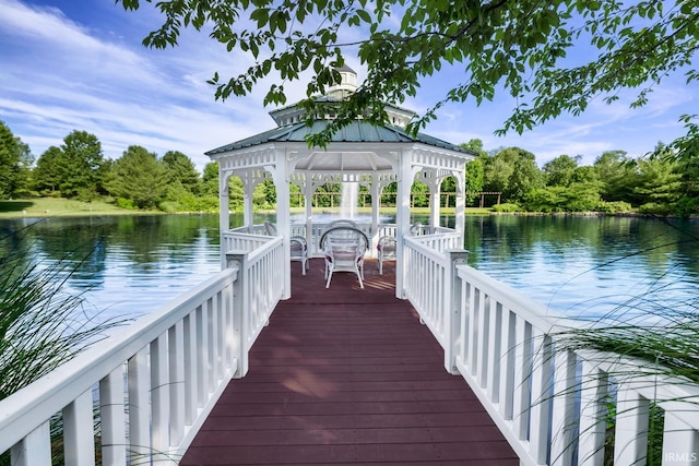 dock area with a water view and a gazebo