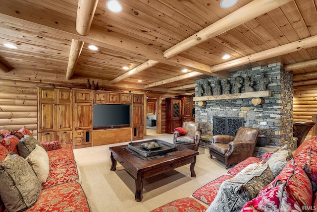 living area featuring light carpet, log walls, beam ceiling, and recessed lighting