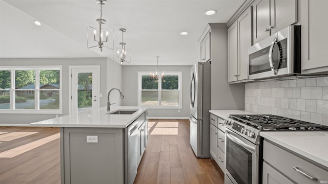 kitchen with appliances with stainless steel finishes, sink, plenty of natural light, and a center island with sink