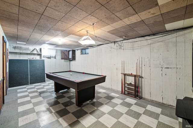 recreation room featuring a drop ceiling and billiards