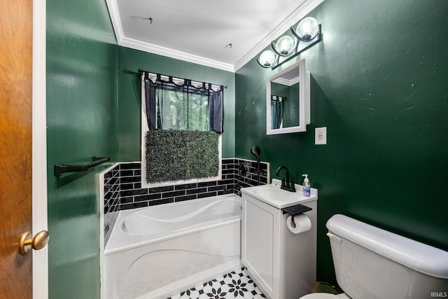 bathroom with vanity, ornamental molding, toilet, tile patterned flooring, and a bath