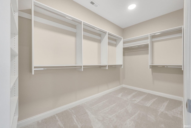 spacious closet featuring light colored carpet