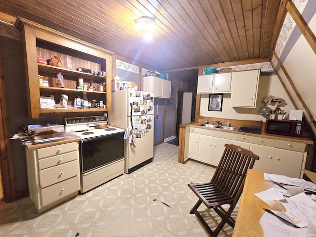 kitchen featuring white cabinets, white appliances, sink, and wooden ceiling