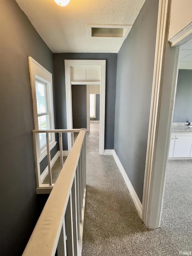 hall with a textured ceiling and carpet flooring