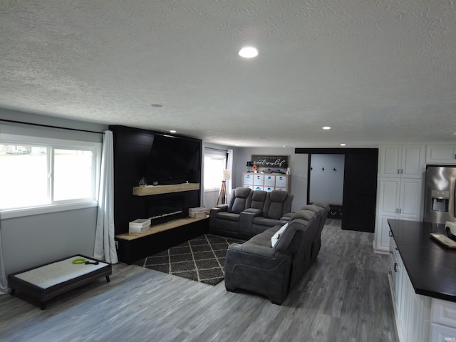 living room featuring dark hardwood / wood-style floors and a textured ceiling