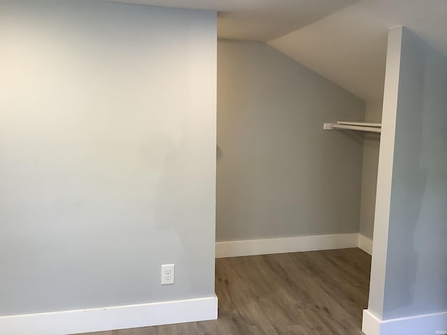 walk in closet featuring hardwood / wood-style floors and vaulted ceiling