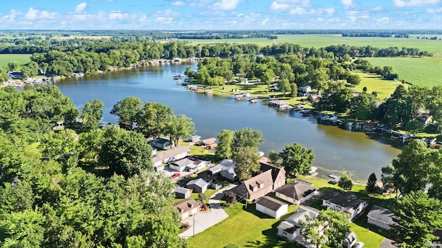 aerial view featuring a water view and a rural view