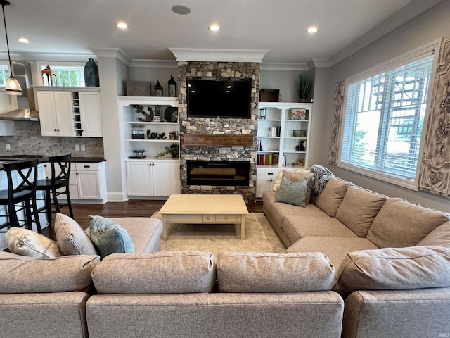 living room featuring a stone fireplace, dark wood-type flooring, and crown molding