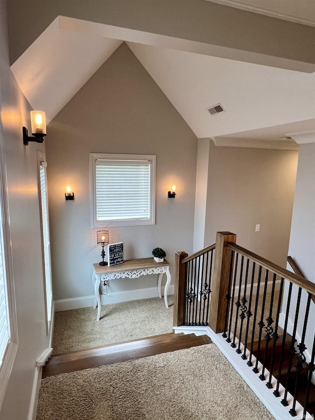 staircase featuring carpet and vaulted ceiling