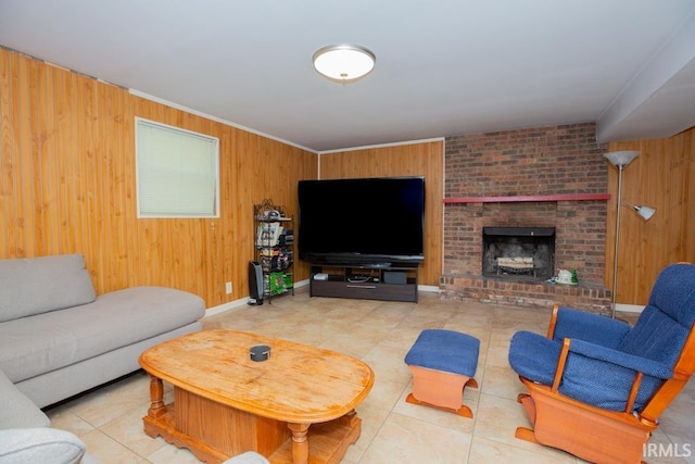 living room featuring a fireplace, wooden walls, and light tile patterned floors