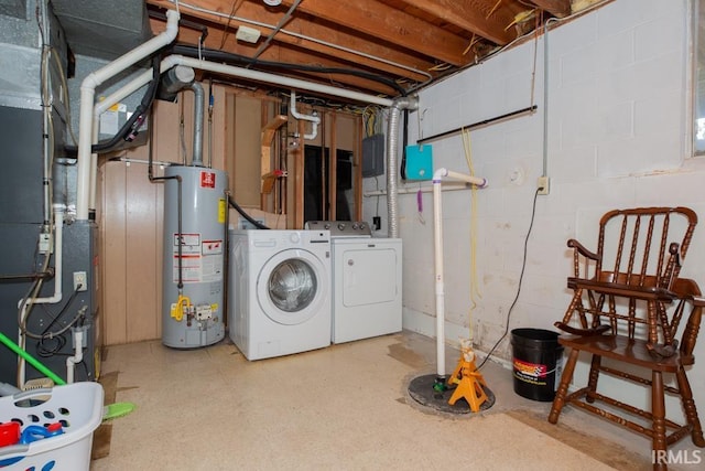 laundry room featuring gas water heater and washing machine and clothes dryer