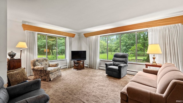 living room with light colored carpet and baseboard heating