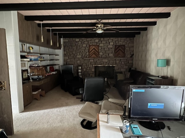 home office featuring ceiling fan, beam ceiling, and wood ceiling