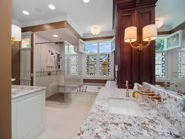 bathroom featuring tile patterned flooring, shower with separate bathtub, vanity, and crown molding