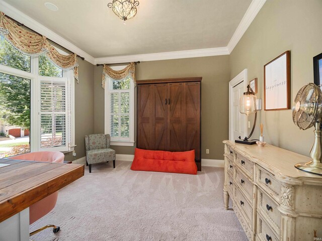 living area featuring crown molding and light colored carpet