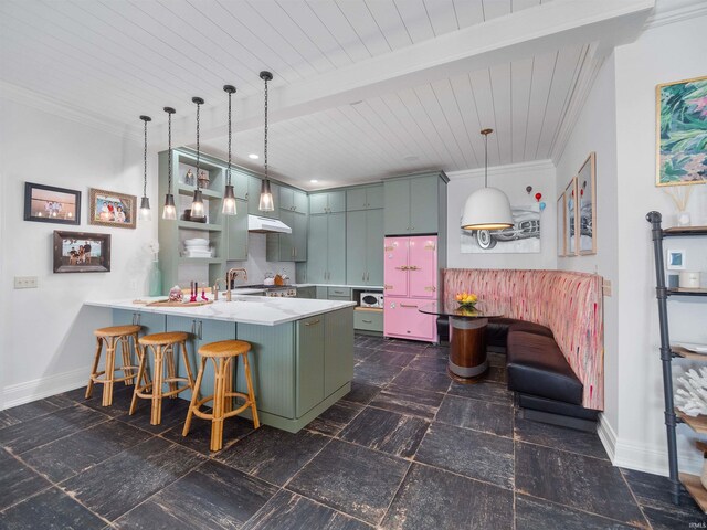 kitchen featuring kitchen peninsula, a kitchen breakfast bar, hanging light fixtures, and wood ceiling