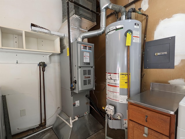 utility room with gas water heater and electric panel