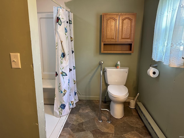 bathroom with toilet, walk in shower, and a baseboard heating unit