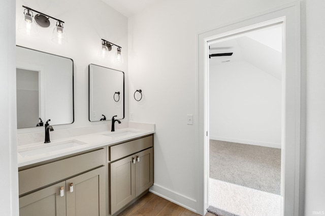 bathroom with vanity and wood-type flooring