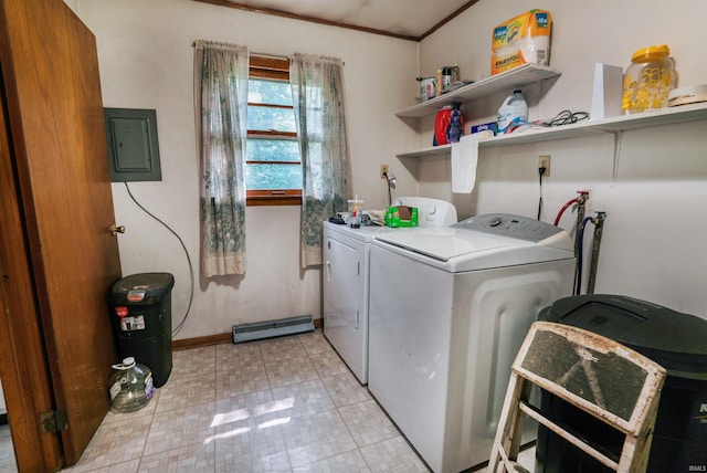 washroom with light tile patterned flooring, crown molding, independent washer and dryer, and electric panel