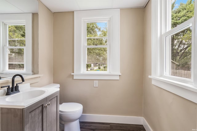 bathroom featuring hardwood / wood-style flooring, vanity, and toilet