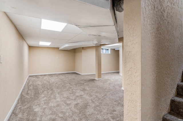 basement featuring carpet floors and a paneled ceiling