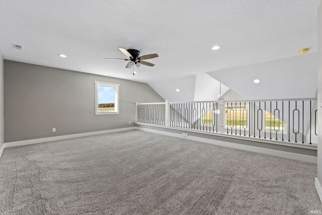 bonus room with visible vents, carpet flooring, baseboards, recessed lighting, and a ceiling fan