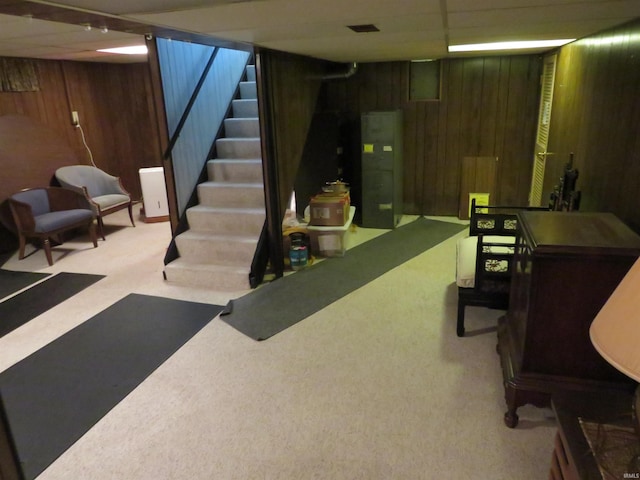 basement with wooden walls and carpet flooring